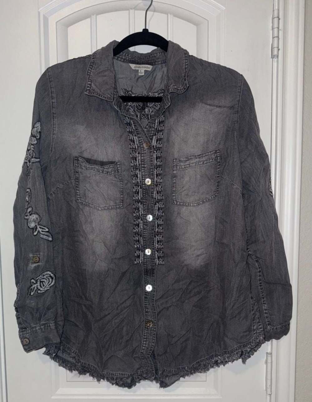 John Mark Women'sโ Embroidered Button-Up Shirt in Washed Gray with Frayed Hem